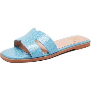 Women's Blue Square Slip On Open Toe Summer Beach Flat Slide Sandals